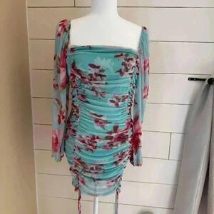 Mini Dress Flower Print Boho Ruched   Puffed Sleeves New With Tags Size Summer D
